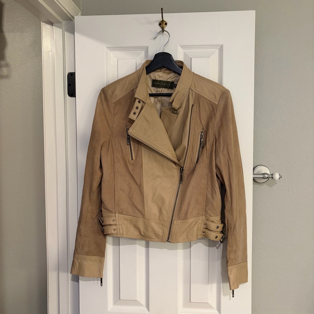 Mint Velvet Perforated Leather Moto Jacket Tan Buckle Detail US 10